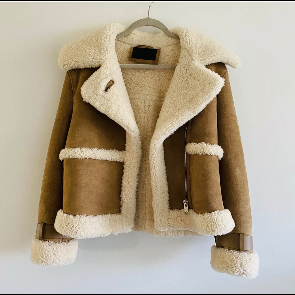ALL SAINTS Farley Shearling Jacket Sand Brown - S